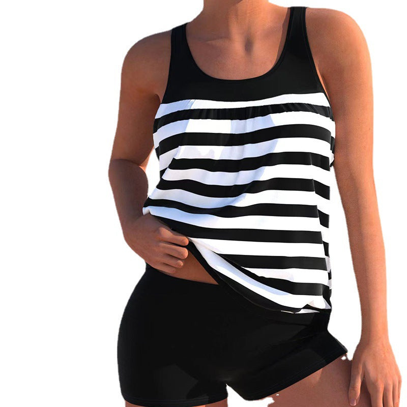 Wholesale Plus Size Striped Split Boxer Bikini Swimwear